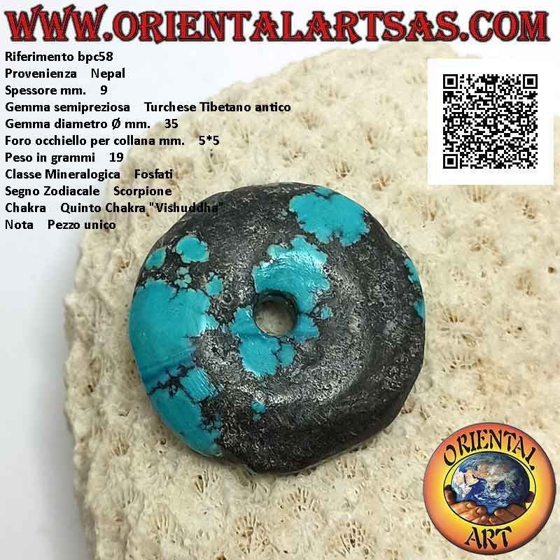 Pendentif Donut / Disque Turquoise Antique de 35 mm. Ø (cordon inclus)