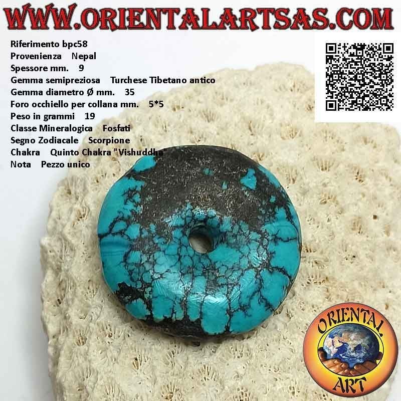 Pendentif Donut / Disque Turquoise Antique de 35 mm. Ø (cordon inclus)