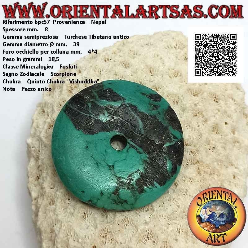 Ciondolo a disco/ciambella in turchese tibetano antico da 39 mm. Ø (cordoncino incluso)