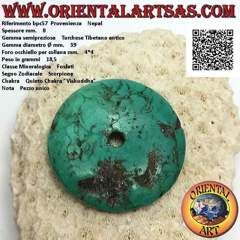 Ciondolo a disco/ciambella in turchese tibetano antico da 39 mm. Ø (cordoncino incluso)
