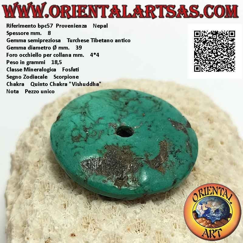 Ciondolo a disco/ciambella in turchese tibetano antico da 39 mm. Ø (cordoncino incluso)