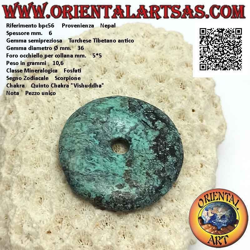 Pendentif Donut / Disque Turquoise Antique de 34 mm. Ø (cordon inclus)