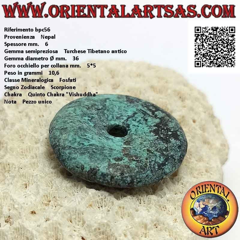 Ciondolo a disco/ciambella in turchese tibetano antico da 34 mm. Ø (cordoncino incluso)