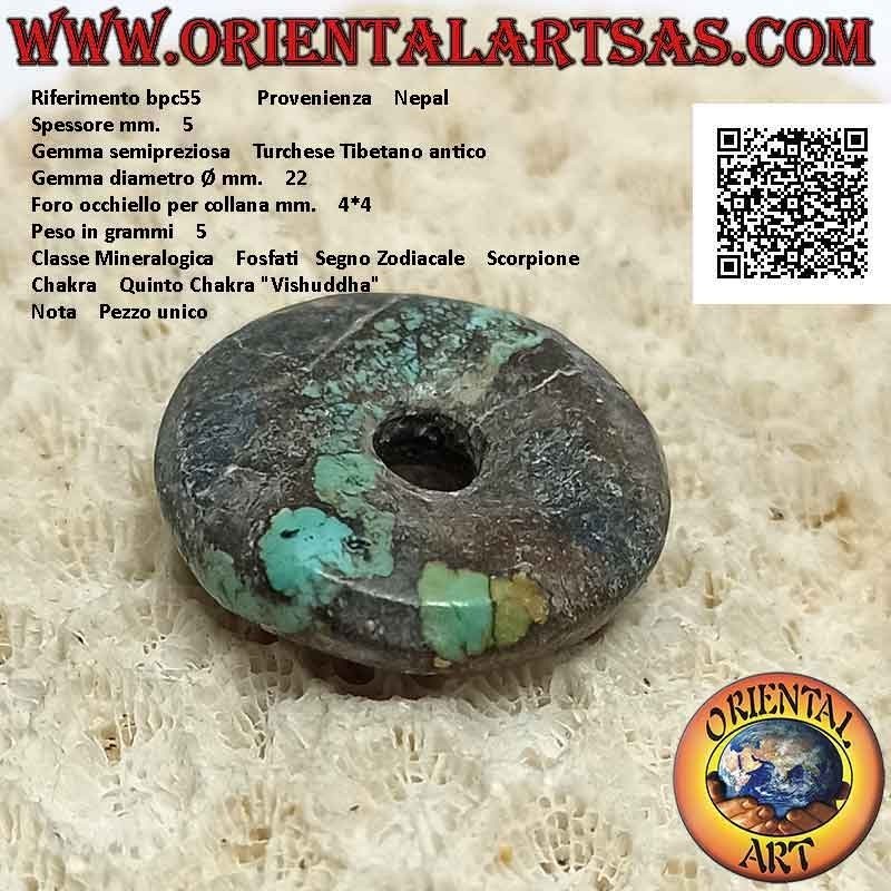 Colgante de disco / donut turquesa tibetano antiguo de 22 mm. Ø (cable incluido)