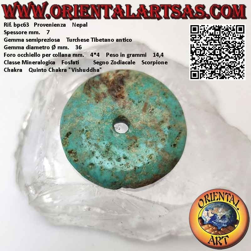 Pendentif Donut/Disque Turquoise Tibétain Antique de 36 mm. Ø (cordon inclus)