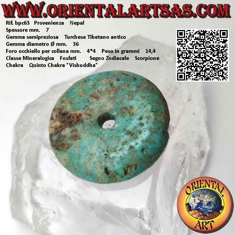 36 mm antiker tibetischer Türkis-Donut / Disc-Anhänger. Ø (inkl. Kabel)