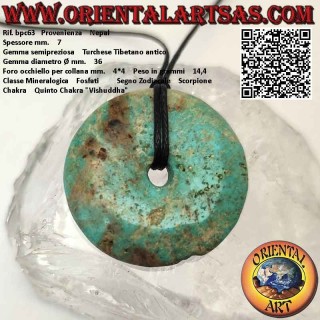 Pendentif Donut/Disque Turquoise Tibétain Antique de 36 mm. Ø (cordon inclus)