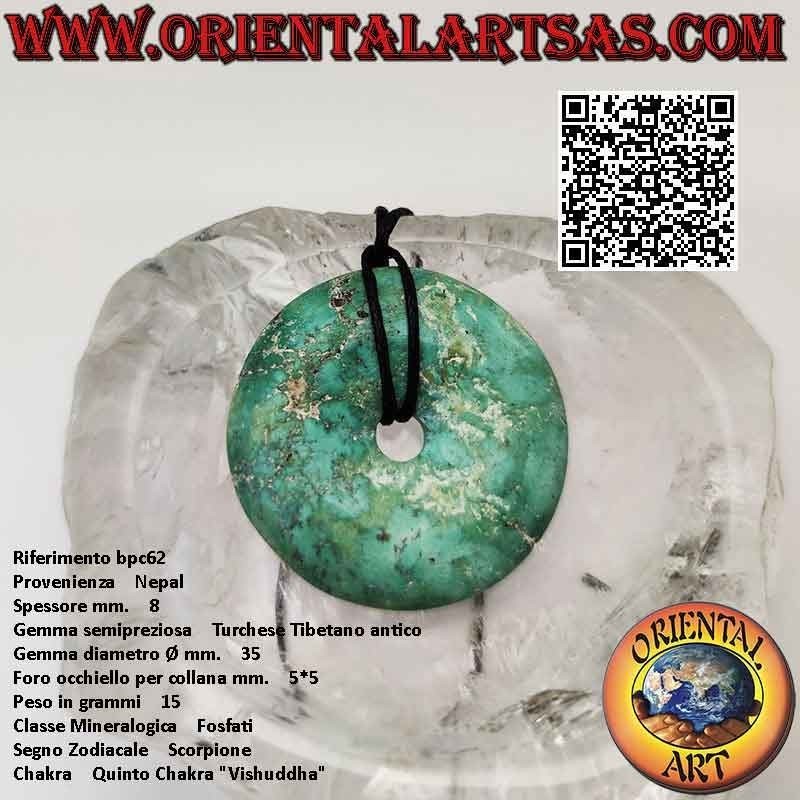 35mm Antique Tibetan Turquoise Donut / Disc Pendant. Ø (cord included)