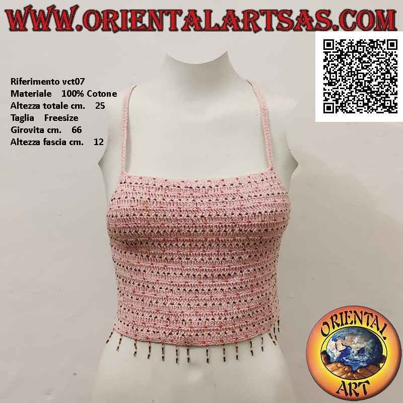 Top rose A-line au crochet avec perles et fermeture tressée, en coton fait main (taille libre)