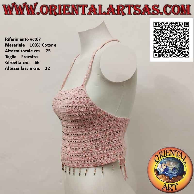 Rosa A-Linie Häkeloberteil mit Perlen und geflochtenem Verschluss aus handgefertigter Baumwolle (Freesize)