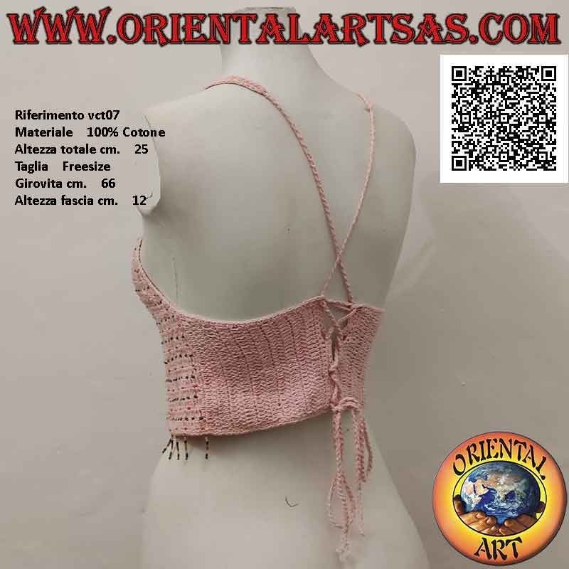 Top rose A-line au crochet avec perles et fermeture tressée, en coton fait main (taille libre)