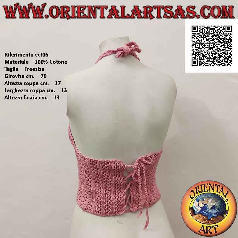 Top crochet rose vif avec bande haute et fermeture tressée, en coton fait main (taille libre)