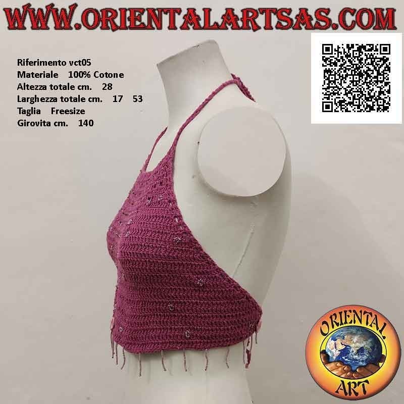 Top all'uncinetto a trapezio magenta con perline e specchietti, in cotone fatto a mano (free size)