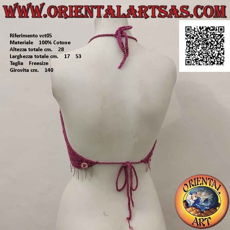 Top all'uncinetto a trapezio magenta con perline e specchietti, in cotone fatto a mano (free size)