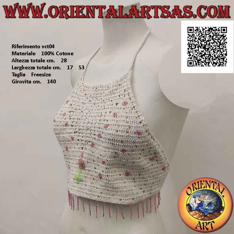 Top de crochet blanco evasé con cuentas rosas y flores, en algodón hecho a mano (tamaño libre)