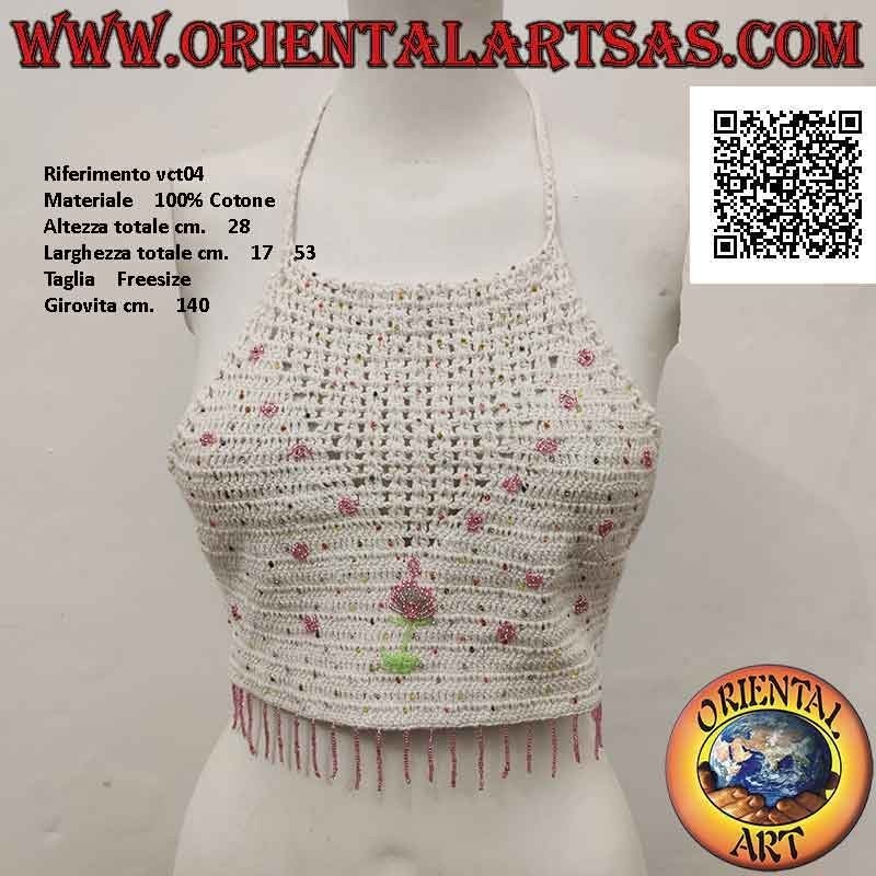 Top de crochet blanco evasé con cuentas rosas y flores, en algodón hecho a mano (tamaño libre)