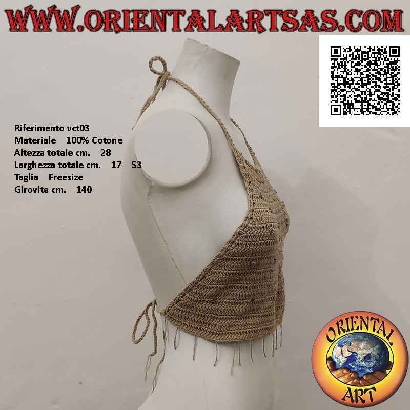 Top all'uncinetto a trapezio beige con perline multicolore in cotone fatto a mano (free size)