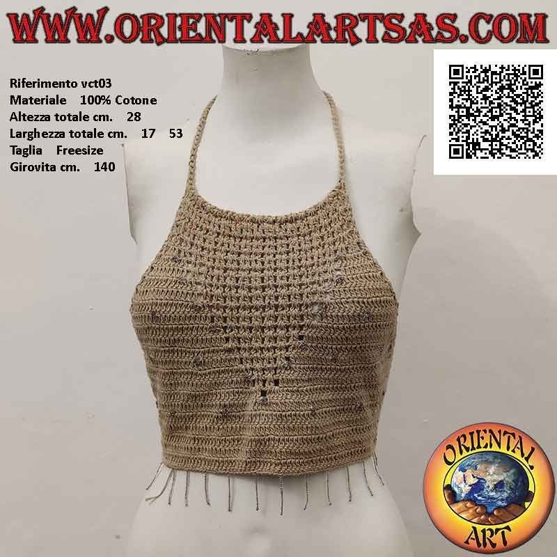 Top A-line crochet beige avec perles multicolores en coton fait main (taille libre)