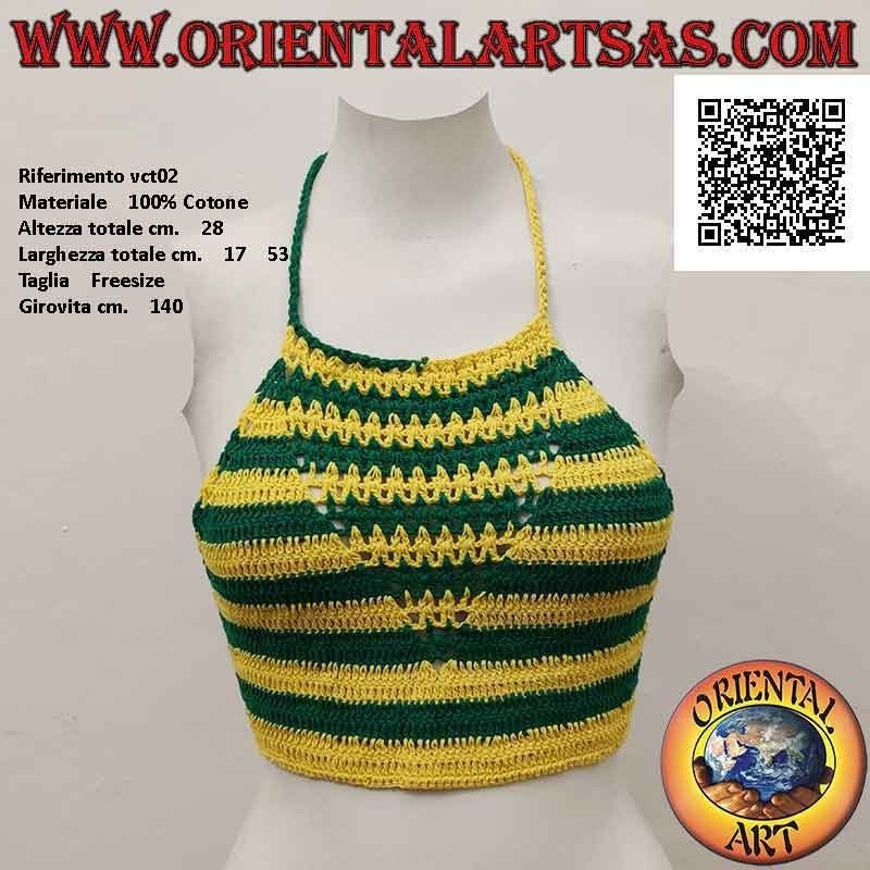 Top A-line au crochet rayé vert et jaune en coton fait main (taille libre)