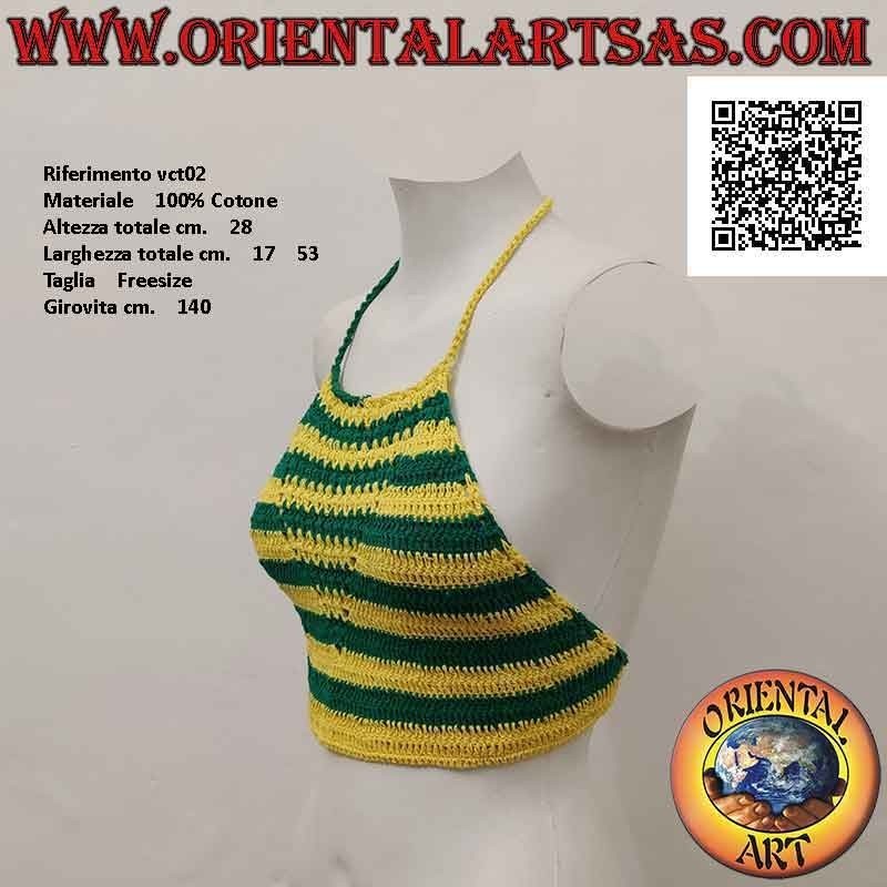 Top A-line au crochet rayé vert et jaune en coton fait main (taille libre)
