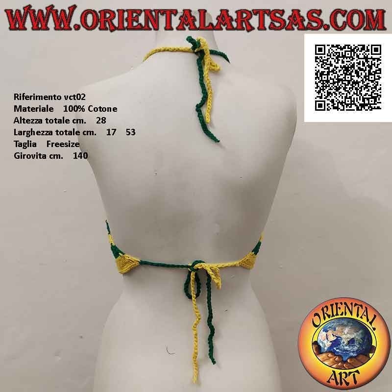 Top all'uncinetto a trapezio verde e giallo a righe in cotone fatto a mano (freesize)