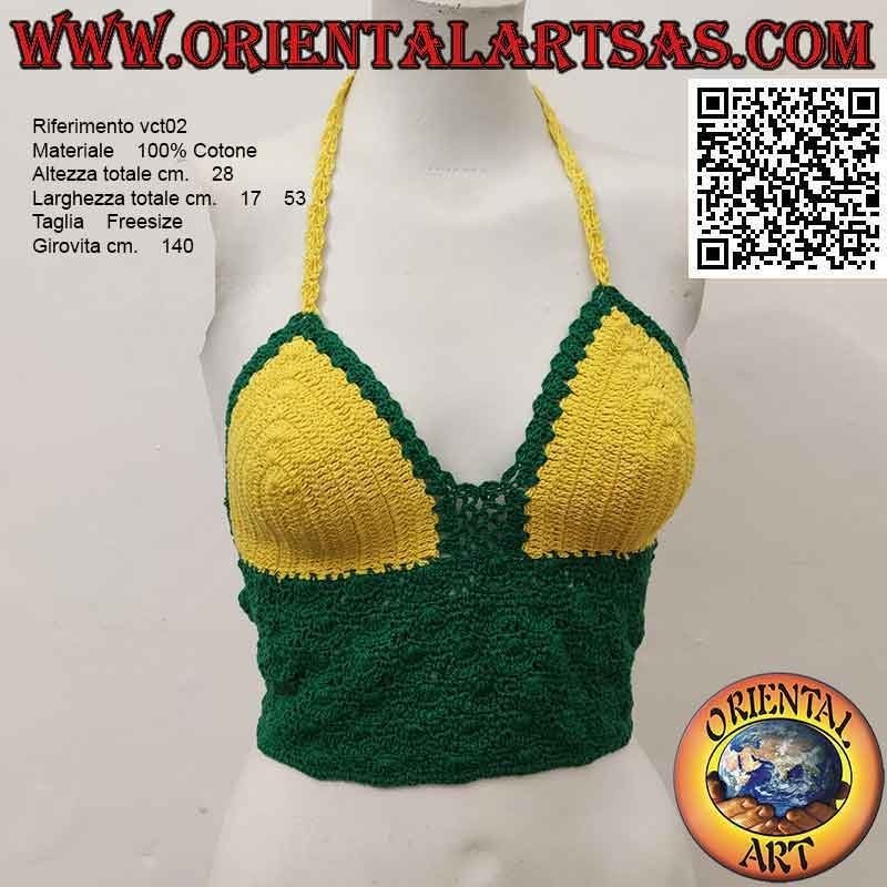 Top crochet vert et jaune avec bande de coton à la main (taille libre)