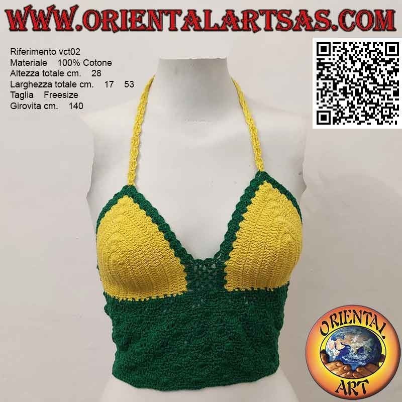 Top de crochet verde y amarillo con banda de algodón hecha a mano (tamaño libre)