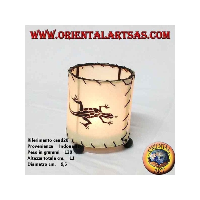 Cylindrical leather candle holder with drawn gecko