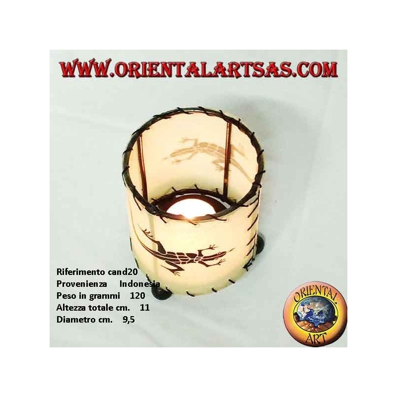 Portacandela in pelle cilindrico con geco disegnato