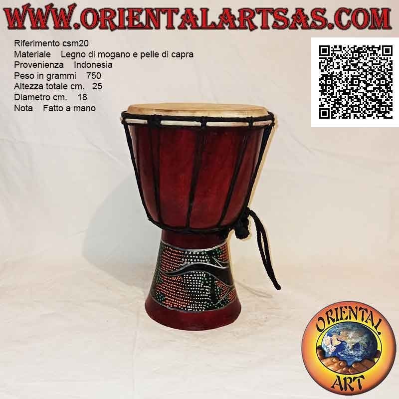 Bongo djembé "mosaic alligator decoration" 25 cm, burgundy color, in mahogany wood and goat skin