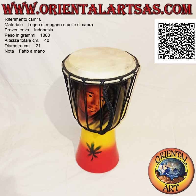 Djembé bongo "Décor Jamaïque Bob Marley" 40 cm, peint à la main, en bois d'acajou et cuir de chèvre