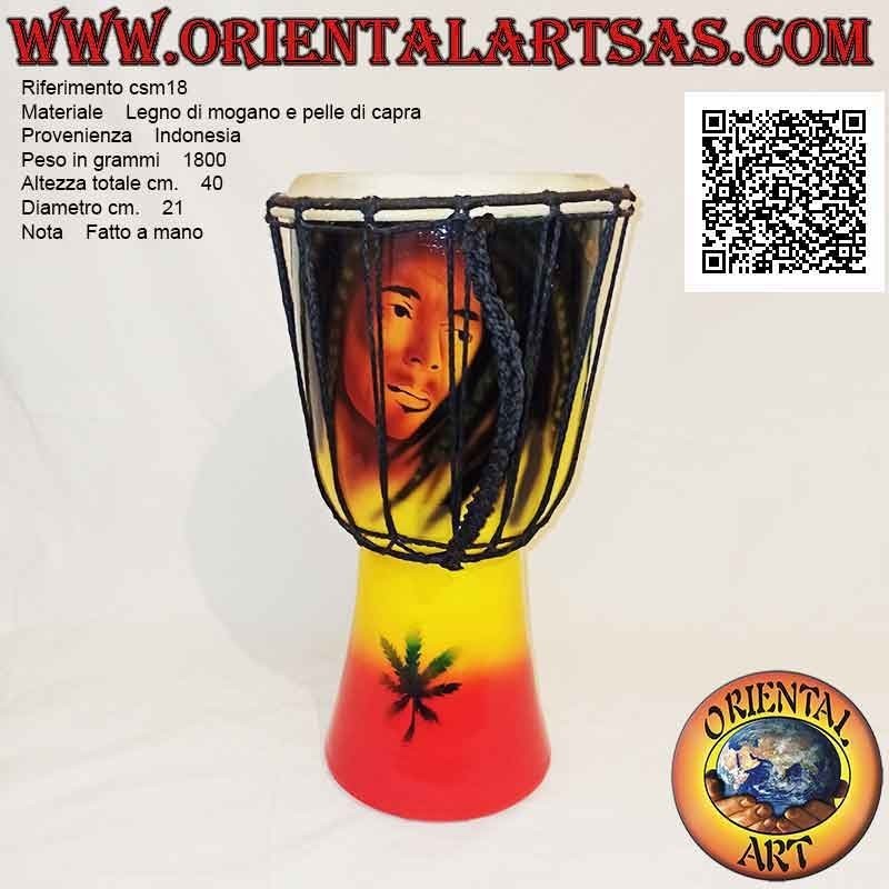 Djembé bongo "Décor Jamaïque Bob Marley" 40 cm, peint à la main, en bois d'acajou et cuir de chèvre