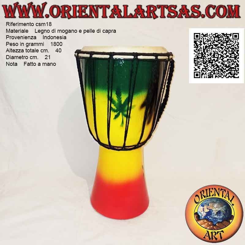 Bongo djembé "Decoración Jamaica Bob Marley" 40 cm, pintado a mano, en madera de caoba y piel de cabra