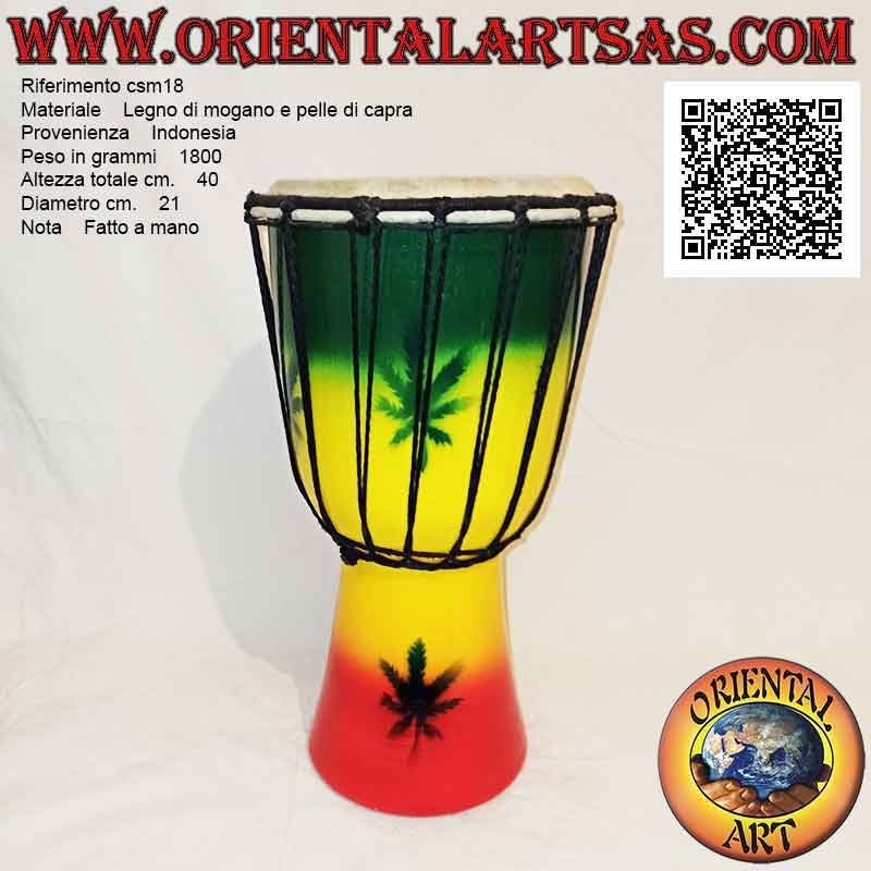 Djembé bongo "Décor Jamaïque Bob Marley" 40 cm, peint à la main, en bois d'acajou et cuir de chèvre