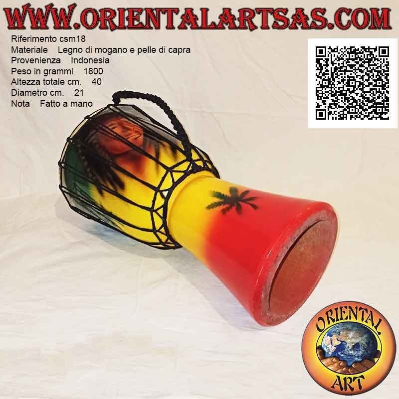 Bongo djembé "Decoración Jamaica Bob Marley" 40 cm, pintado a mano, en madera de caoba y piel de cabra