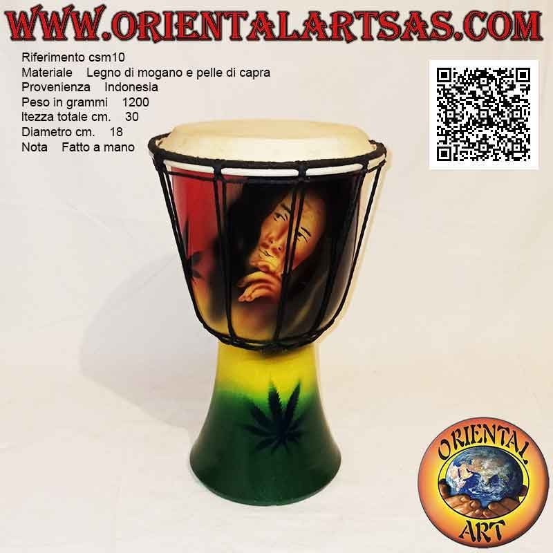 Bongo djembé "decorazione Jamaica" da 30 cm, dipinto a mano, in legno di mogano e pelle di capra (1)