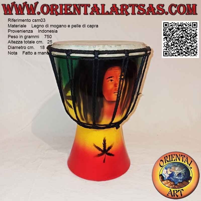 Bongo djembé "decorazione Jamaica" da 25 cm, dipinto a mano, in legno di mogano e pelle di capra (1)