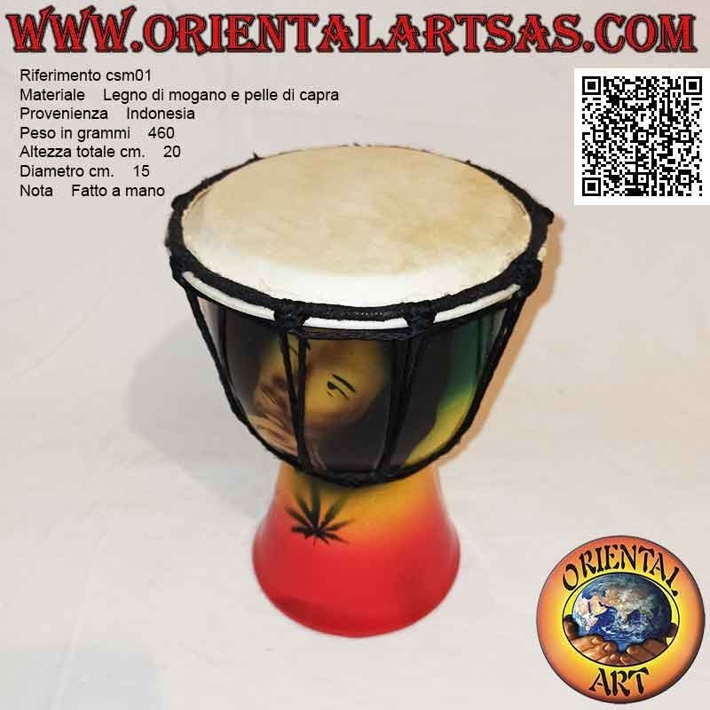 Bongo djembé "Decoración Jamaica" de 20 cm, pintado a mano, en madera de caoba y piel de cabra