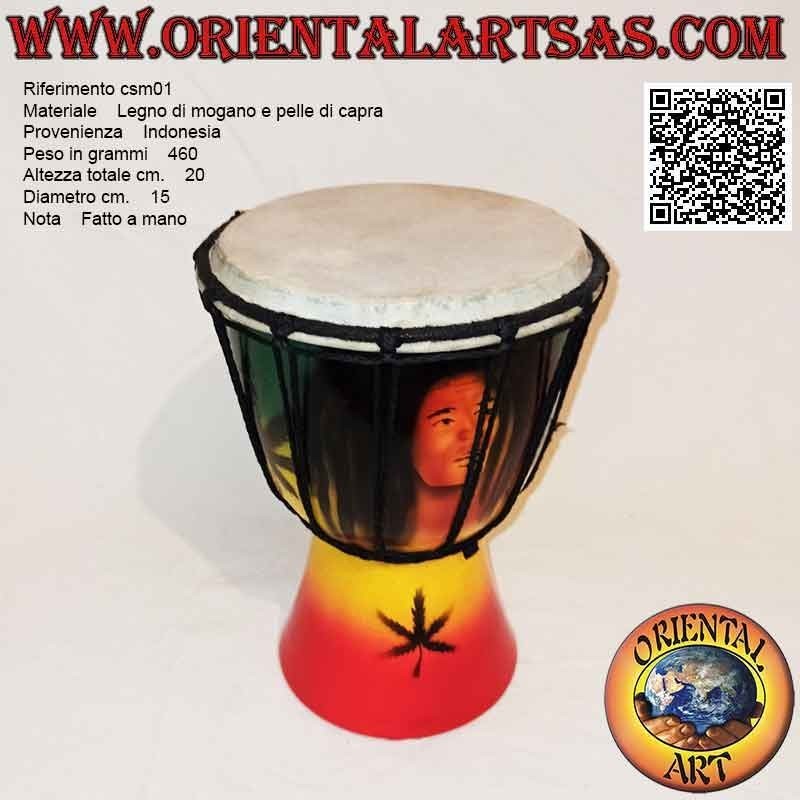 Bongo djembé "decorazione Jamaica" da 20 cm, dipinto a mano, in legno di mogano e pelle di capra