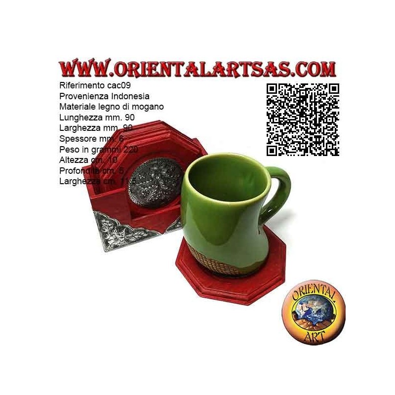 Set of 6 octagonal coasters with container in mahogany wood and inserts in silver with floral decorations (red)