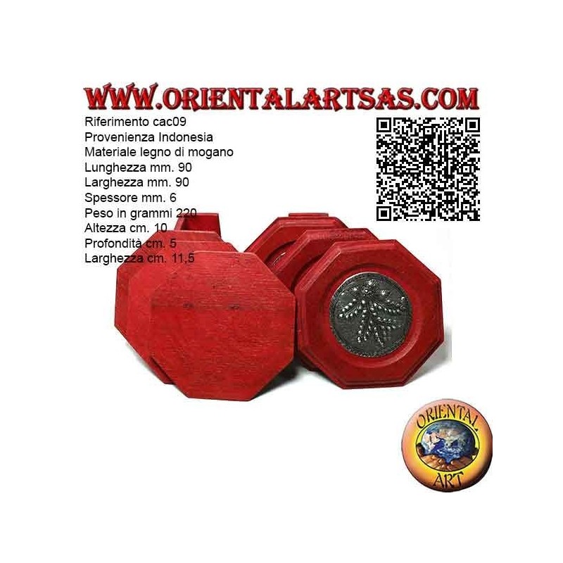 Set of 6 octagonal coasters with container in mahogany wood and inserts in silver with floral decorations (red)