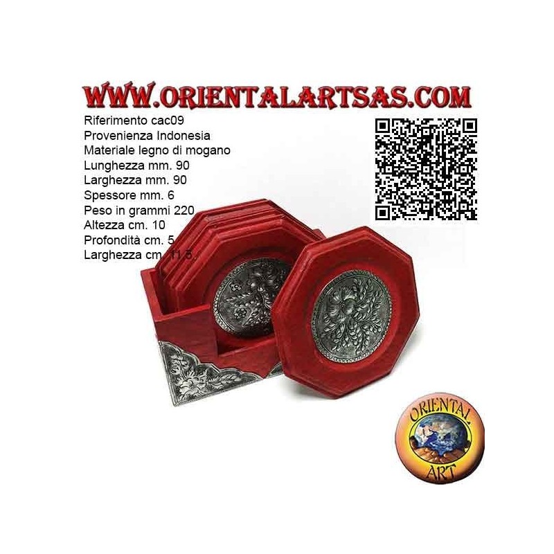 Set da 6 sottobicchieri ottagonali con contenitore in legno di mogano e inserti in argentone a decori floreali (rosso)