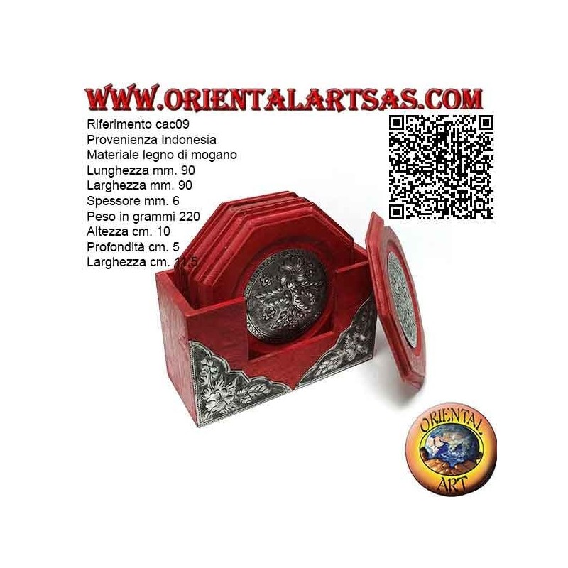 Set mit 6 achteckigen Untersetzern mit Behälter aus Mahagoniholz ​​und Einsätzen in Silber mit Blumendekor (rot)