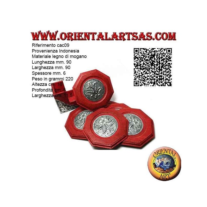 Set of 6 octagonal coasters with container in mahogany wood and inserts in silver with floral decorations (red)