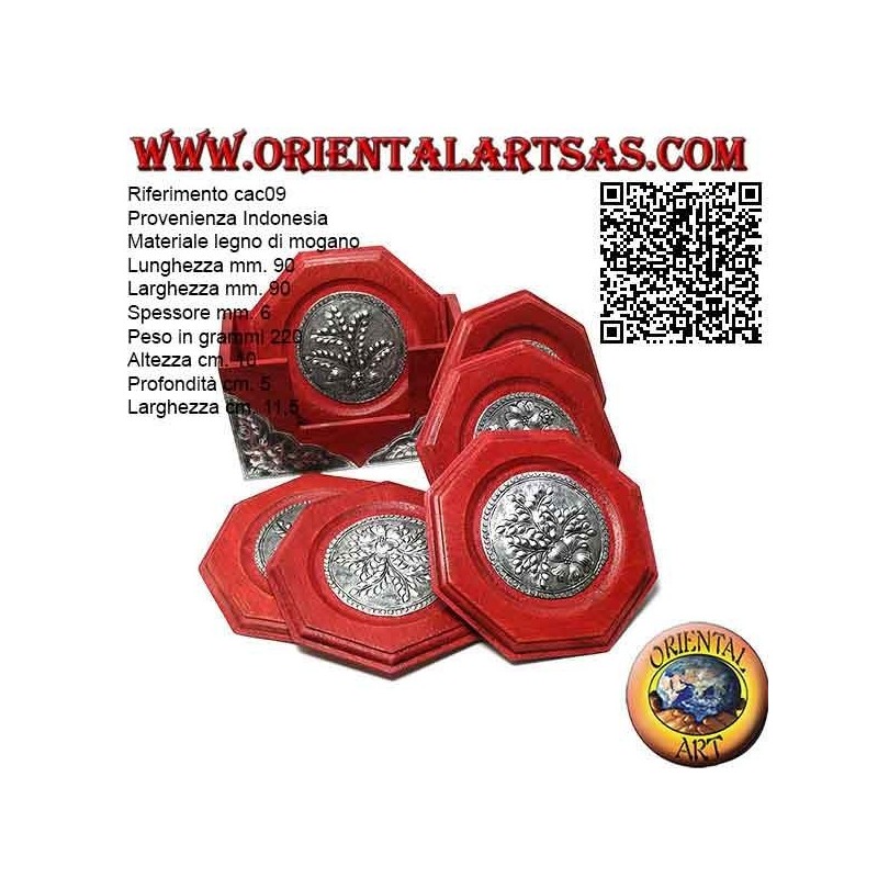 Set da 6 sottobicchieri ottagonali con contenitore in legno di mogano e inserti in argentone a decori floreali (rosso)