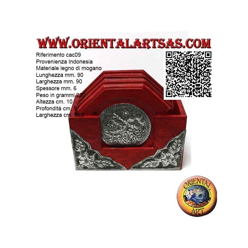 Set of 6 octagonal coasters with container in mahogany wood and inserts in silver with floral decorations (red)