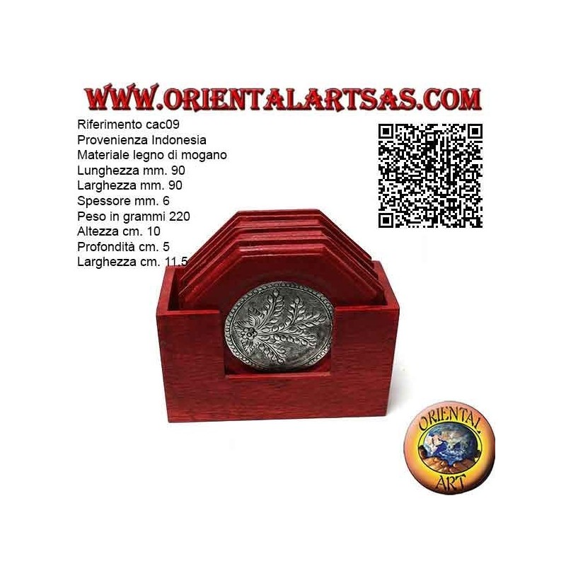 Set mit 6 achteckigen Untersetzern mit Behälter aus Mahagoniholz ​​und Einsätzen in Silber mit Blumendekor (rot)