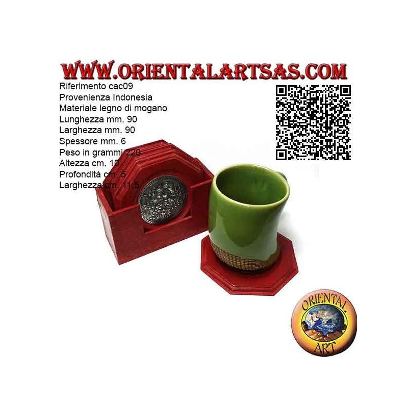 Set of 6 octagonal coasters with container in mahogany wood and inserts in silver with floral decorations (red)