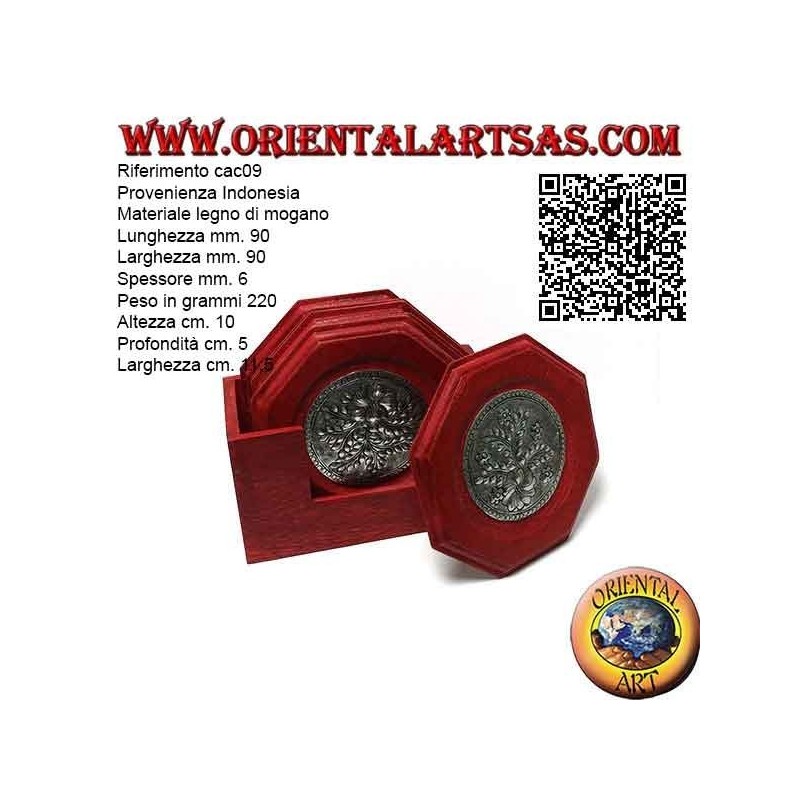 Set of 6 octagonal coasters with container in mahogany wood and inserts in silver with floral decorations (red)