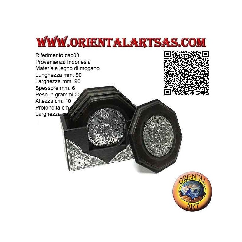 Set da 6 sottobicchieri ottagonali con contenitore in legno di mogano e inserti in argentone a decori floreali (nero)
